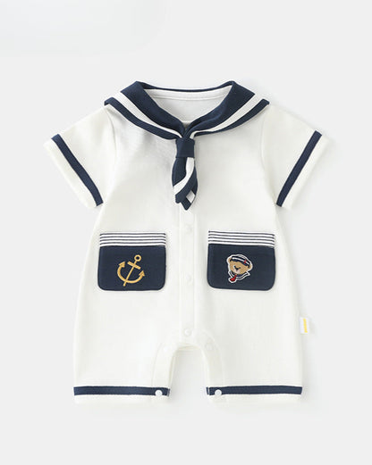Short sleeve baby jumpsuit set with navy collar and pocket detail