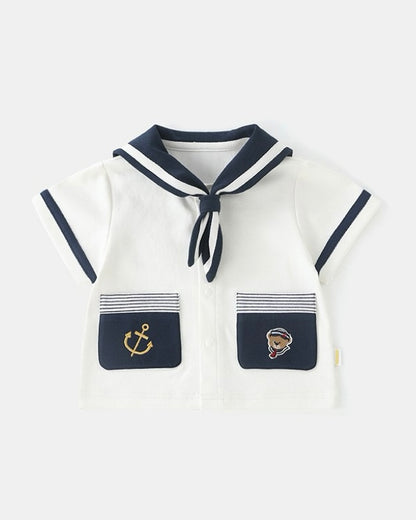 Short sleeve baby jumpsuit set with navy collar and pocket detail