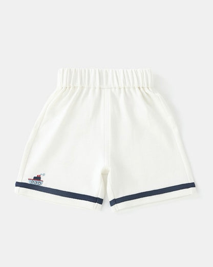 Short sleeve baby jumpsuit set with navy collar and pocket detail